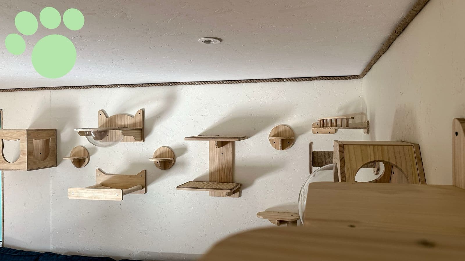 Mur d'activités en bois avec étagères, griffoirs et bulles pour chats